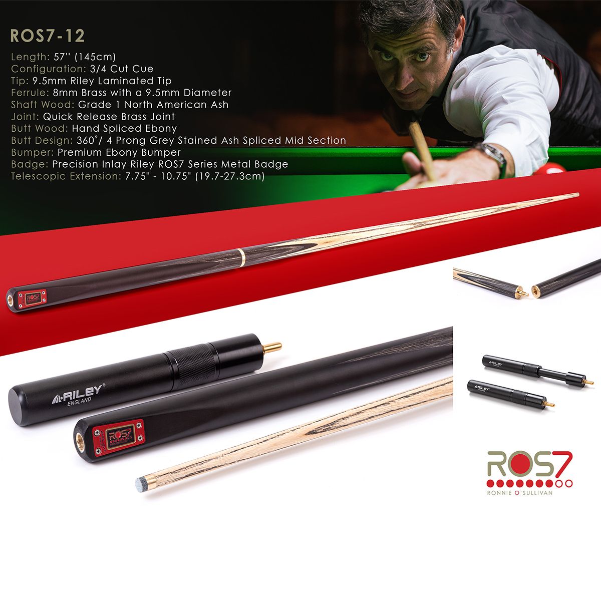 Ronnie O'Sullivan Jubilee Snooker-Queue Set: Profi-Dreiviertel-Queue aus Ebenholz mit handgefertigten Splices und grauen Eschenholz-Einlagen, passende Teleskop-Extension und ROS7-Logo. Oben Ronnie beim Spiel.