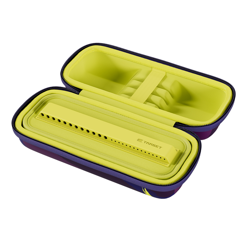 An open, hard-shell case in dark purple with a bright lime-green interior. At the bottom: a removable insert with rows of small holes and the ‘Target’ logo for secure dart storage. At the top: moulded compartments for accessories.