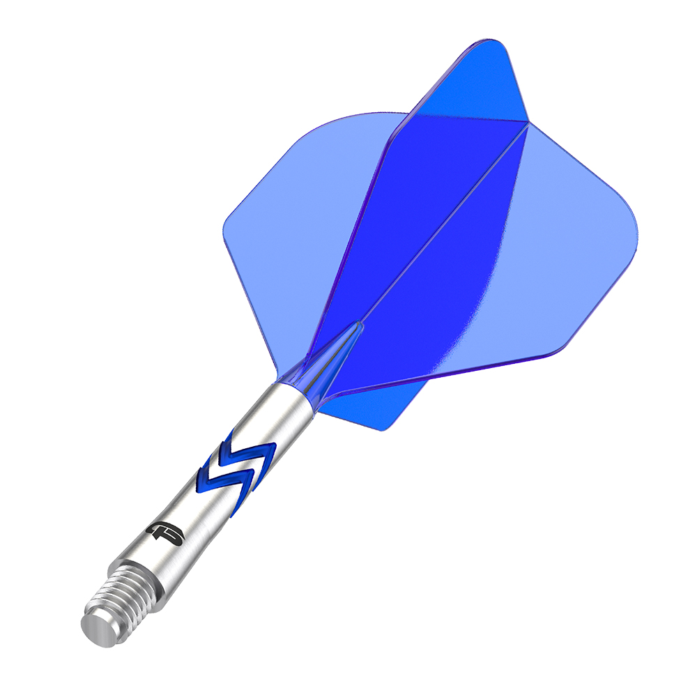 Une fléchette argentée unique avec des ailettes bleues translucides orientées vers le haut à droite. Le corps de la fléchette est orné de motifs en zigzag bleu clair, comporte un petit logo dans sa partie inférieure et se termine par un filetage.
