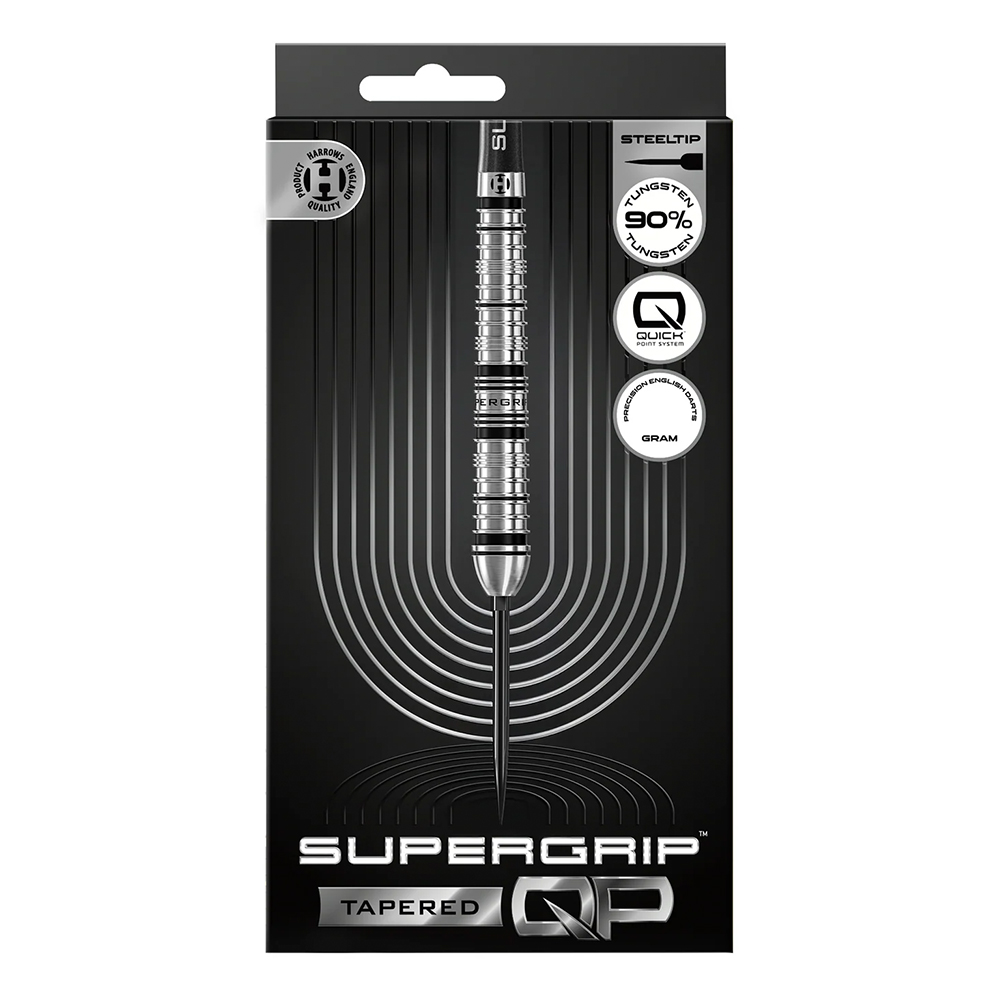 Harrows Supergrip steel darts in their packaging design. Black box featuring a silver dart with precision ring cuts for optimum grip. Visible features: 90% tungsten, steel tip and Quick Point technology. Dart positioned centrally, with curved lines.