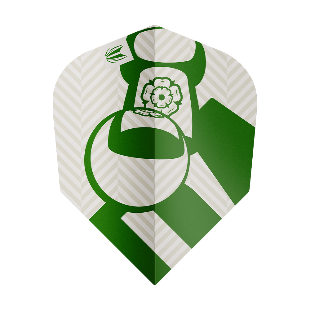 Une aile de fléchette unique n° 6 au design saisissant, tons verts et crème. Fond à rayures diagonales claires type liège. Bulles de champagne vertes et rose anglaise évoquant le « champagne ». Logo « Target » en haut à gauche.