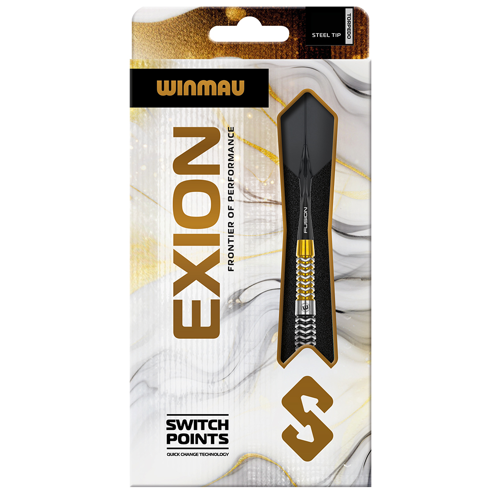 Winmau Fléchettes Exion Steel Tip dans un emballage marbré blanc et or. Fléchettes noires, corps doré et argenté, inscription « Fusion » en renfoncement moulé. Mentionne « Switch Points » et « Quick Change Technology ».