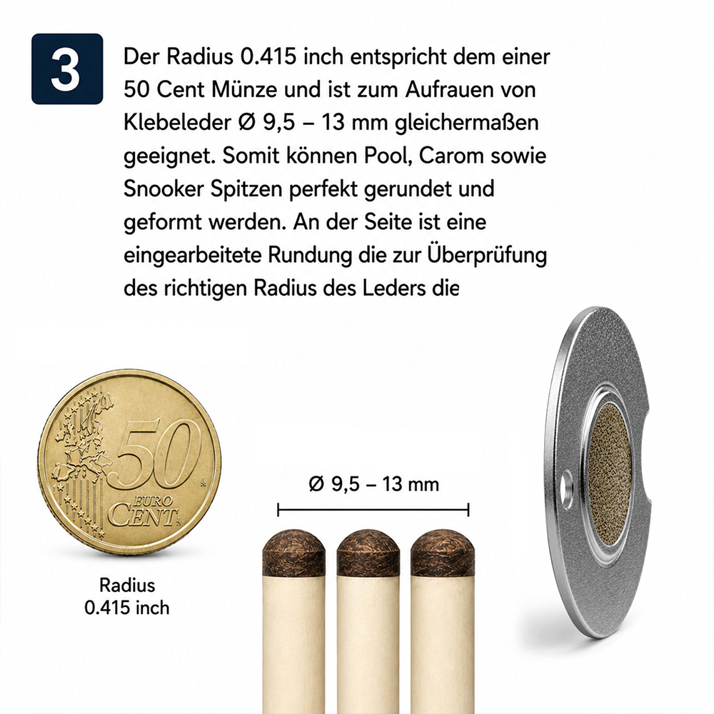 Vergleich des Radius von 0.415 Zoll, dargestellt durch eine 50-Cent-Münze, und drei Billard-Queue-Lederaufsätze (9,5-13 mm). Daneben ein Werkzeug zum präzisen Runden und Formen dieser Lederspitzen, das eine integrierte Rundung zur Radienprüfung besitzt.