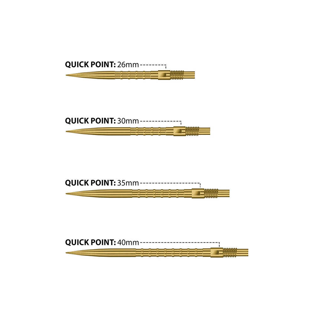 Vier goldfarbene Dart-Spitzen, von kurz nach lang angeordnet, zeigen die Längen 26mm, 30mm, 35mm und 40mm. Jede Quick Point Spitze hat eine scharfe, konische Form, einen glatten Schaft und ein gerändeltes Gewinde für sicheren Halt an Dartpfeilen.