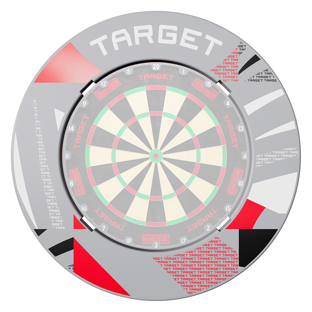 Anneau de protection rond et gris pour cibles de fléchettes, entourant la cible. Motif moderne de formes géométriques rouges et noires, avec inscriptions « Target » répétées. Emplacements accessoires et protection murale robuste.