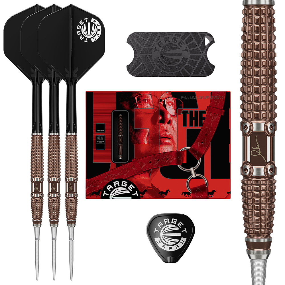Drei Paul Lim The Legend Gen10 Steeldarts mit braun strukturierten Barrels, schwarzen Schäften und Target Japan Flights. Daneben roter Karton mit Porträt und Designelementen, Detail zur Griffarchitektur und Signatur.