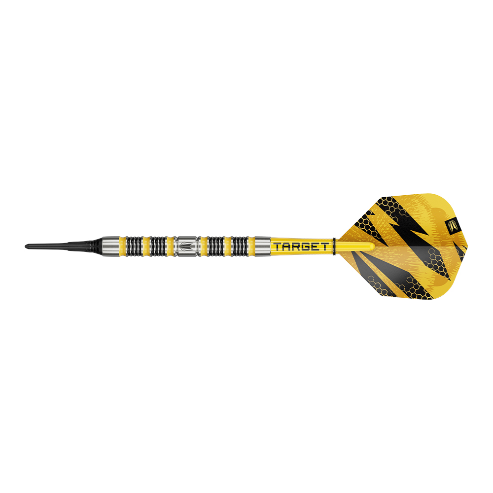 Fléchette souple BUZZ de Target, prête à l'emploi. Pointe souple Cryo noire, corps argenté élancé à rainures de préhension fraisées noir/jaune. Tige jaune avec logo Target, ailette BUZZ Pro Ultra motif alvéolé noir/jaune.