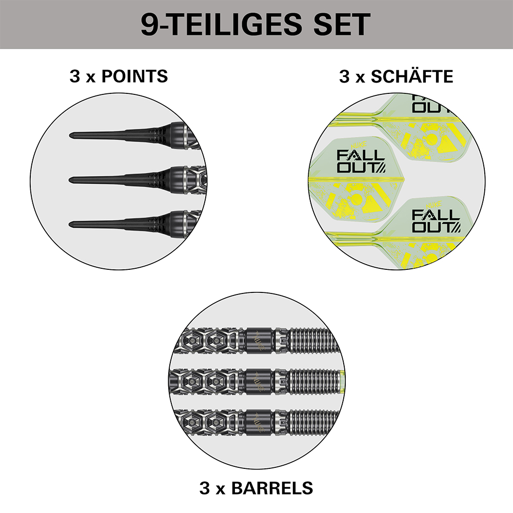 Vue détaillée du set de 9 fléchettes souples « Luke Littler Fallout » : trois pointes souples Cryo noires, trois corps noirs en tungstène 90 % à grip hexagonal et trois tiges K-Flex jaune fluo motif « Fallout » et symbole Nuke.