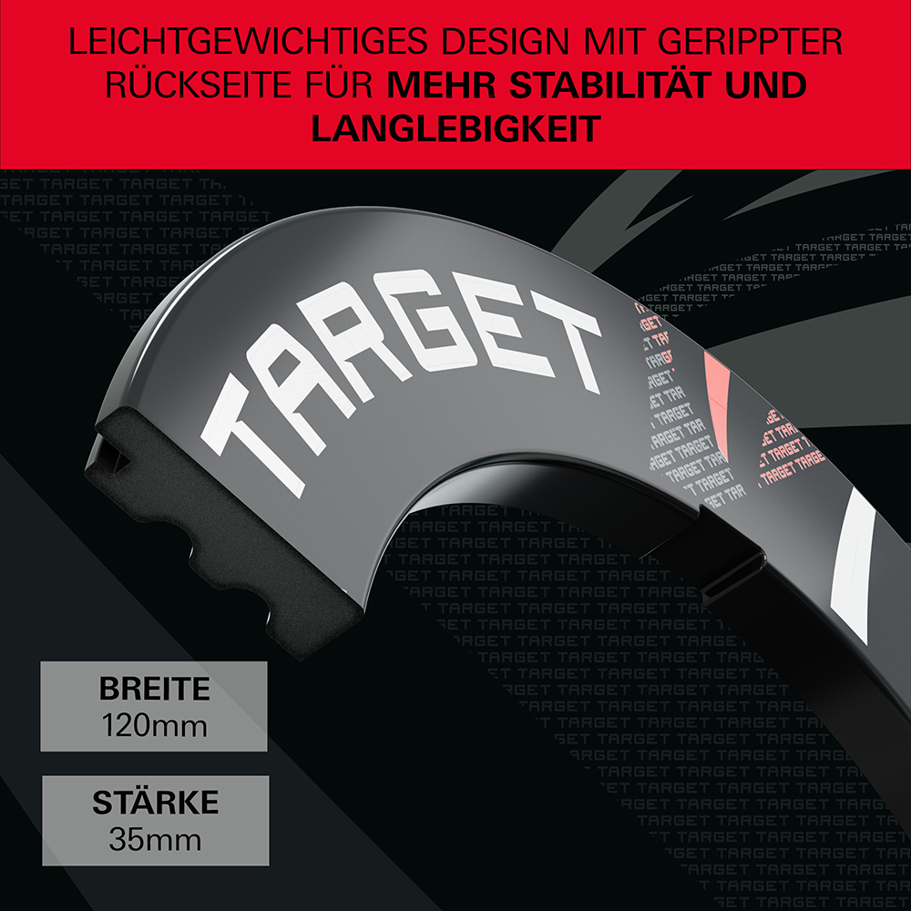 Gros plan sur un anneau de protection noir rainuré « Target » pour cible de fléchettes, en polymère Active Reflex. Logo blanc, dos nervuré. 120 mm de large, 35 mm d'épaisseur, protège les murs et durable.