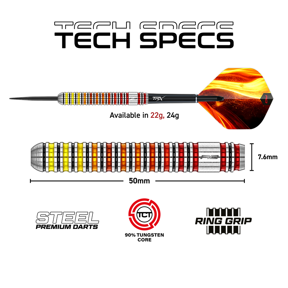 Steeldart with a black shaft and a flight featuring a bright red-orange flame pattern. Silver barrel with a ring grip in yellow/orange/red. Technical specifications: 50 mm long, 7.6 mm diameter, 90% tungsten, 22 g or 24 g.