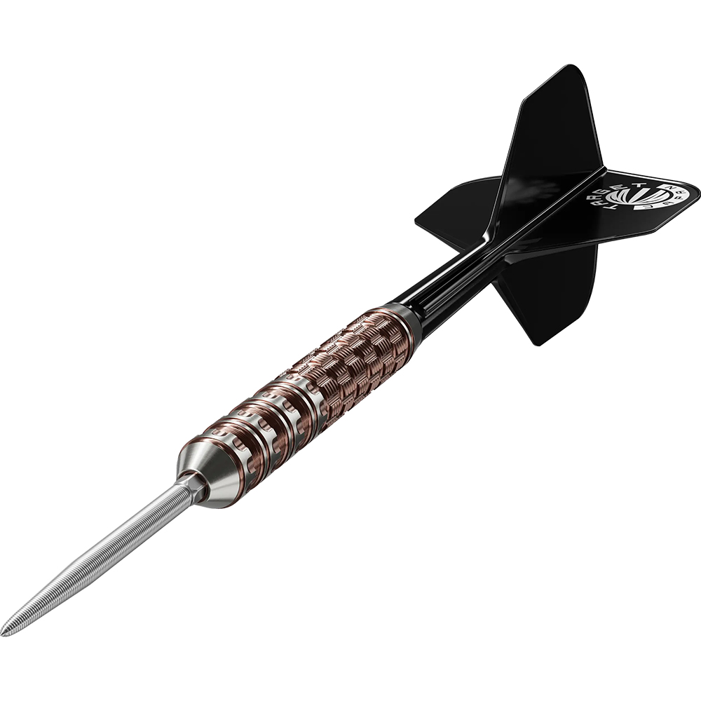 Fléchettes acier Target Raptor Gen6 Prime : corps rose doré, prise Dual-Zone précise avec motifs fins et grossiers. Pointe argentée effilée, tige noire et quatre plumes noires avec logo discret.