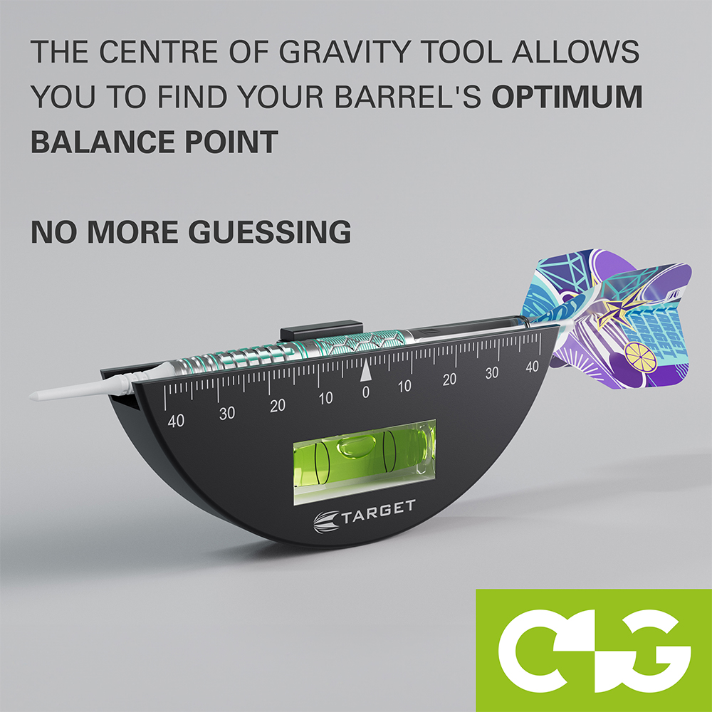 A dart lies horizontally on a black Target Centre of Gravity Tool. With a white tip and colourful flights, it is balanced, as confirmed by the bubble in the centre of the spirit level. The 0–40 scale indicates the centre of gravity.