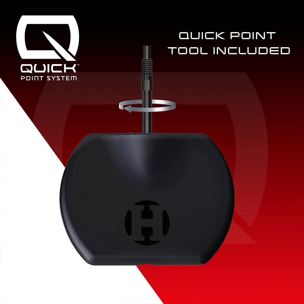 Harrows Quick Point tool with H logo, holds a grooved steel dart tip for quick replacement with a twist. The words ‘Quick Point System’ and ‘Quick Point Tool included’ on a red and black background highlight its ease of use.