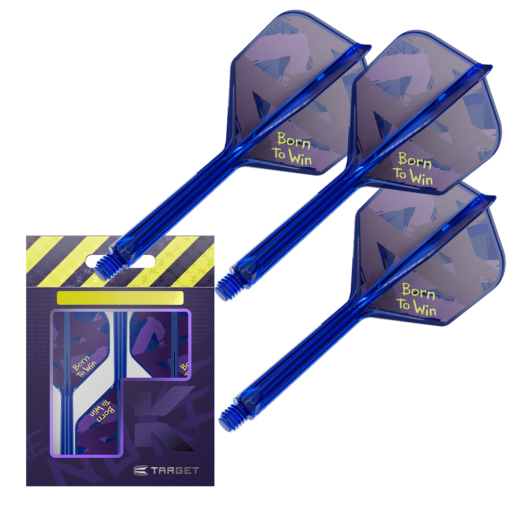 Drei durchsichtige blaue Dart-Flights mit lila-grauen abstrakten Mustern. Auf jedem steht in Gelb „Born To Win“. Daneben eine lila Verpackung mit zwei ähnlichen Flights, unter gelb-schwarz Streifen und „TARGET“-Logo.