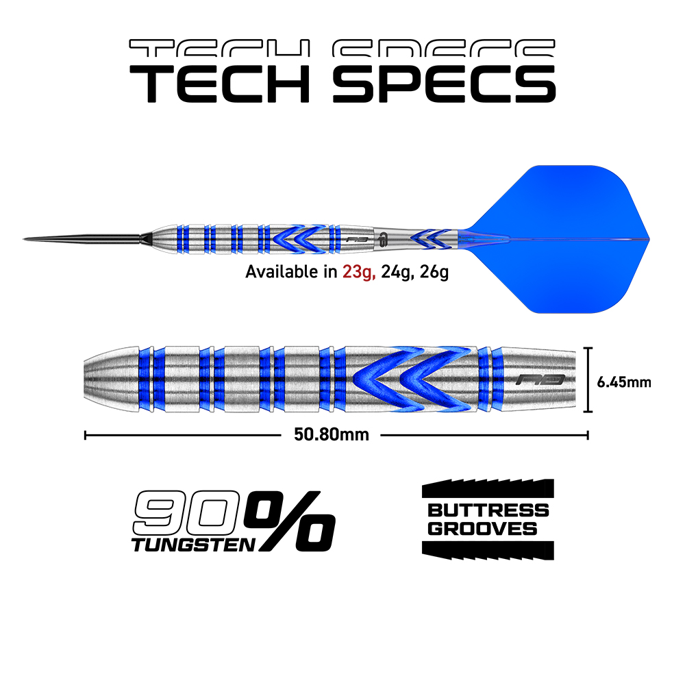 Caractéristiques techniques des fléchettes en acier Gerwyn Price : corps argenté avec anneaux bleus et rainures Razor Edge, pointe noire et ailette bleue. Dimensions : 50,80 mm L, 6,45 mm Ø. 90 % tungstène, rainures Buttress. 23/24/26 g.