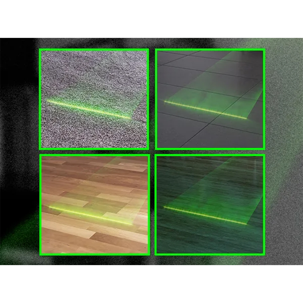 Quatre visuels d’une ligne laser vert clair servant de ligne de lancer au jeu de fléchettes sur divers sols : moquette grise, carrelage foncé, parquet clair et parquet foncé. Claire et précise sur chaque surface.