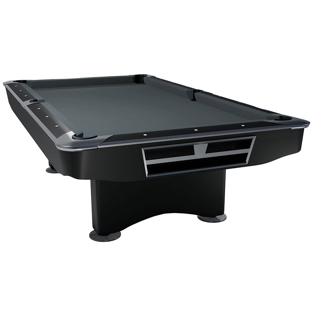 Modern black billiard table with dark grey felt. Railings with silver detailing and white markings. Narrow side openings with silver trim. Two solid, curved base legs.