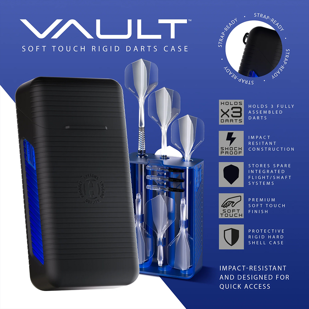 Black, hard-shell Harrows dart case with blue accents. Open blue interior holder for three assembled darts with white flights. Spare flights and shafts in compartments. Shock-resistant, quick access.