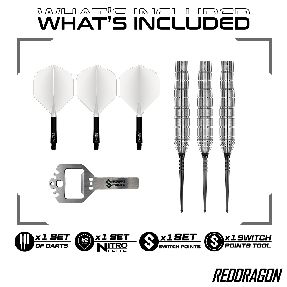 A set of darts accessories, comprising three silver darts with black tips, three white Nitro Flite flights with black shafts and a silver Switch Points multi-function darts tool.