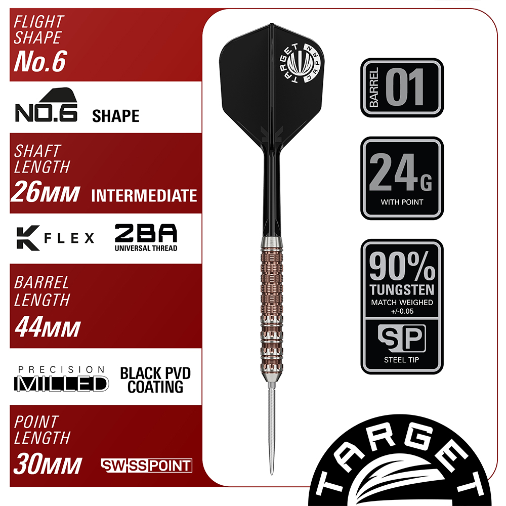 Fléchette en acier Target Raptor Gen6 SP (24 g) avec ailette noire, corps texturé or rose et pointe en acier argentée. Sur fond rouge : « 90 % de tungstène », « longueur du corps : 44 mm », « ailette n° 6 ».