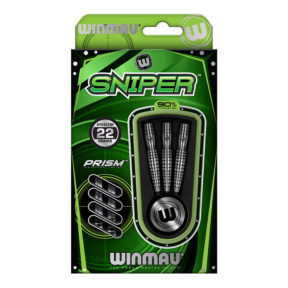 Verpackung von drei Winmau Sniper Steeldart-Barrels aus 90% Tungsten. Silberfarbene, geriffelte Barrels sind vertikal in einer Aussparung der grünen/schwarzen Verpackung sichtbar. Runde Anzeige: 22 g. Winmau-Logo unten.