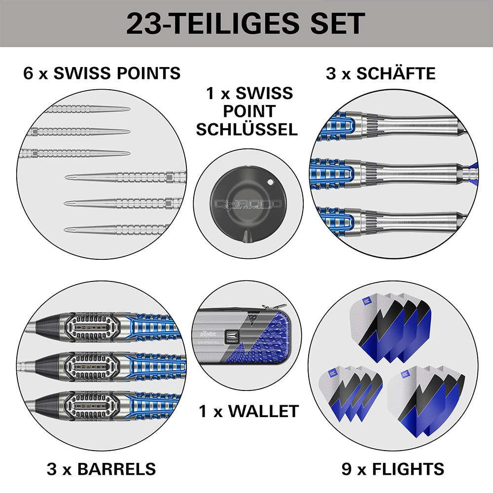 Set de fléchettes en acier de 23 pièces : 6 Swiss Points, clé Swiss Point (logo Chrono), 3 tiges avec détails bleus, 3 corps usinés avec précision (noir-bleu, Chrono-Grip), un étui « Target », 9 ailettes (blanc/bleu/noir).