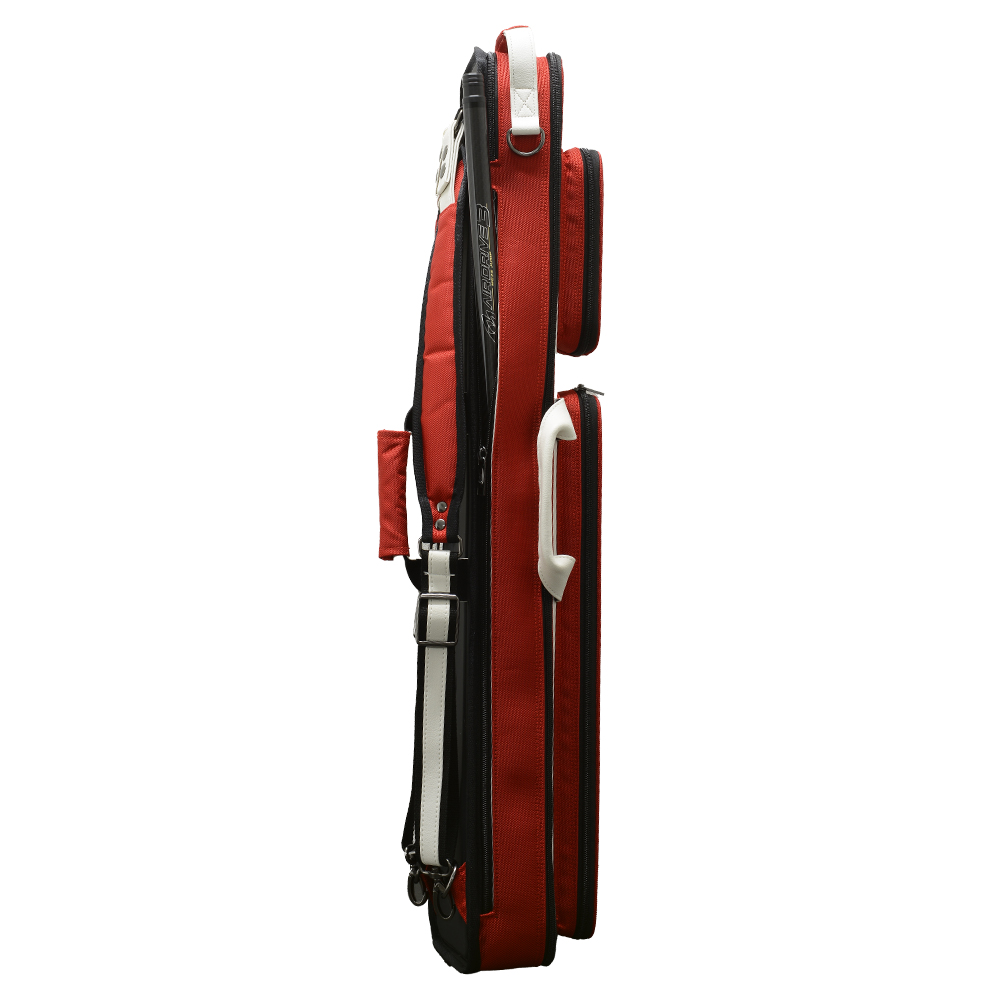 Sac à queues de billard « Mezz » édition limitée, à poser à la verticale, en rouge, noir ou blanc. Bandoulière rembourrée antidérapante + poignée. Compartiments zippés, touches de blanc ; léger, pour 3 queues et 5 embouts.