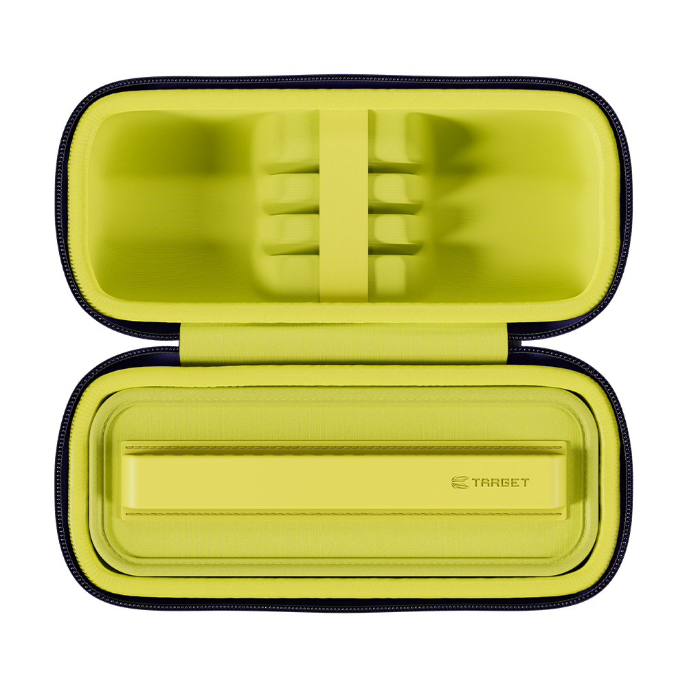 An open, elongated dart case in dark blue with a neon green lining. Four soft, padded holders for accessories at the top. At the bottom, a moulded tray with a rigid light green strip and the ‘Target’ logo.