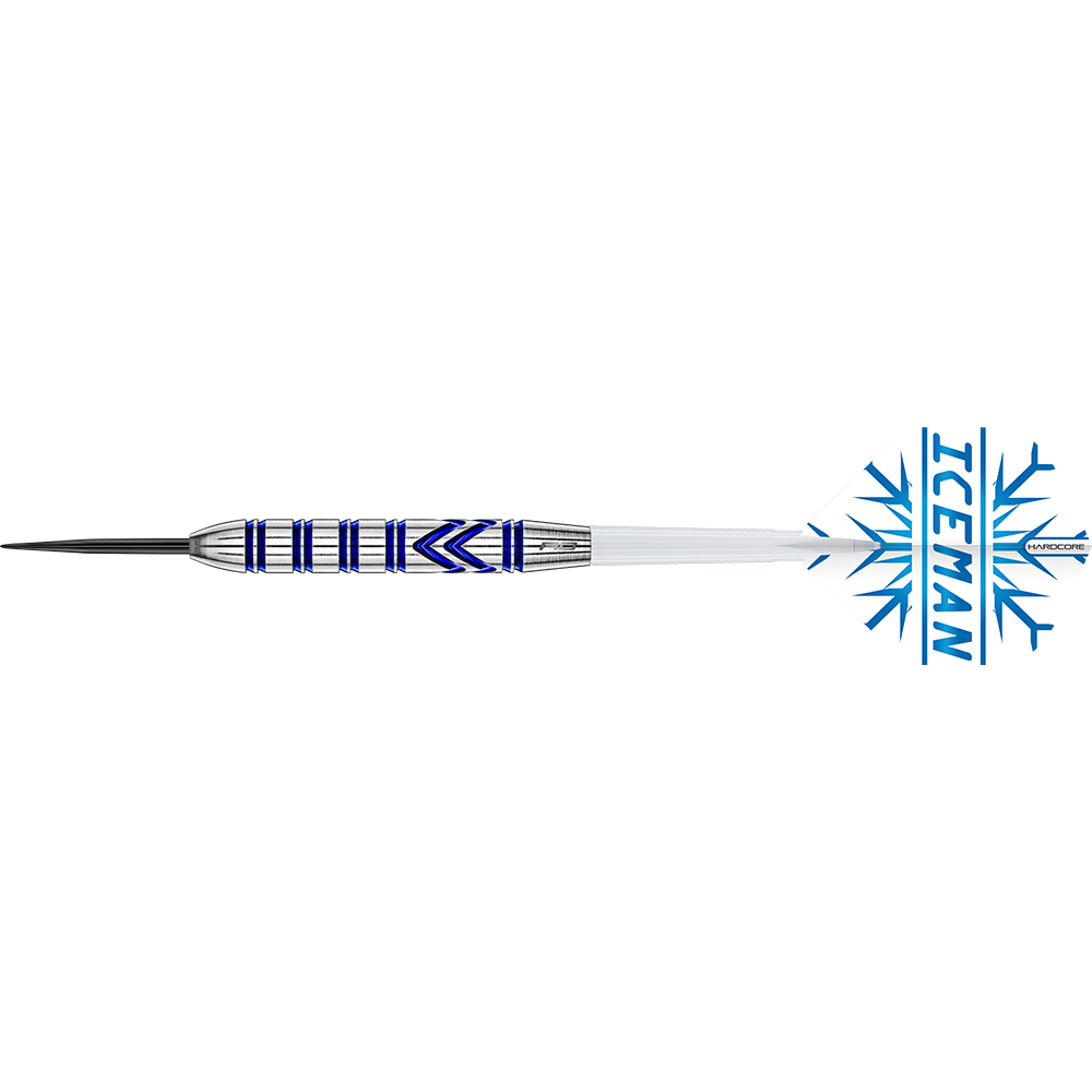 Brass steel dart with a black tip and silver-grey barrel. The barrel features blue, horizontal grooves and a chevron grip pattern. White shaft with a white flight, blue snowflake motif and ‘ICEMAN’ written vertically, inspired by Gerwyn Price.