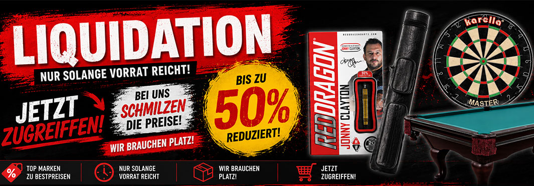 Liquidationsverkauf: bis zu 50% Rabatt. Red Dragon Jonny Clayton Darts, Dart-Etui, Karella Master Dartscheibe, Billardtisch. "Jetzt zugreifen! Preise schmelzen! Nur solange Vorrat reicht!