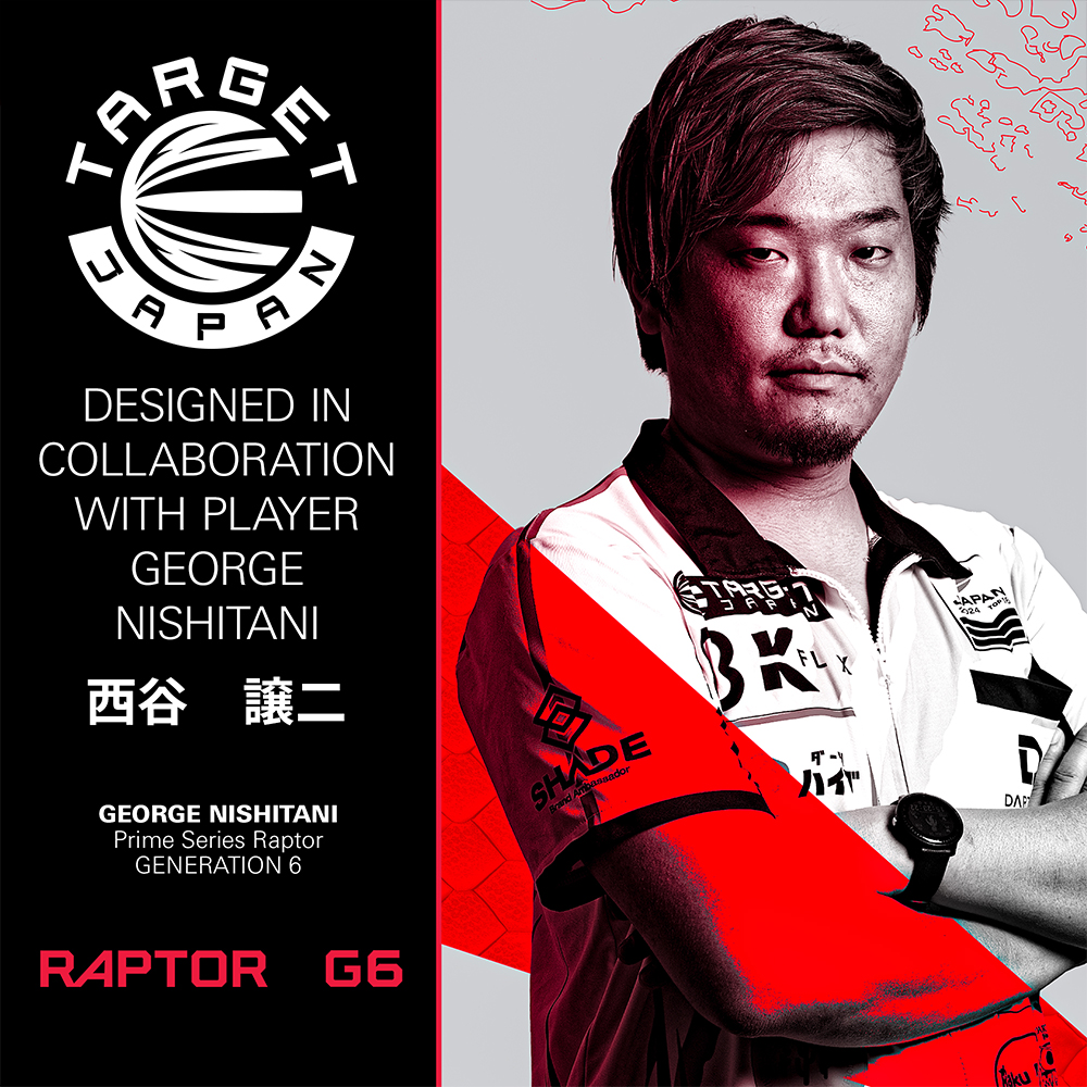 Pub: George Nishitani (dardiste japonais), regard sérieux. Polo blanc (logos, montre). À gauche fond noir “Target Japan”, Prime Series Raptor Gen6. À droite fond gris clair avec touche de rouge.