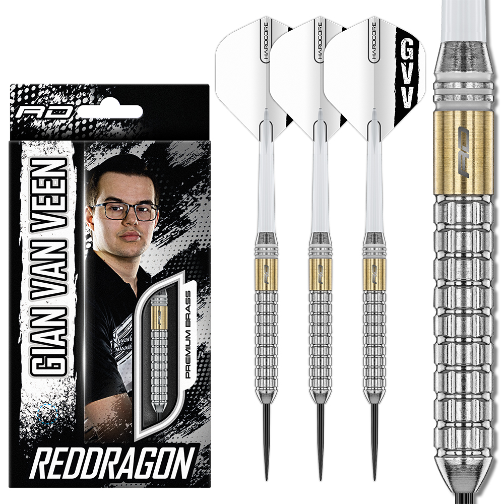 Three Red Dragon Gian van Veen brass steel darts with silver, grooved barrels, gold-coloured accents, transparent shafts and white flights featuring the GVV logo. On the right is a close-up of the grip pattern. Packaging on the left.