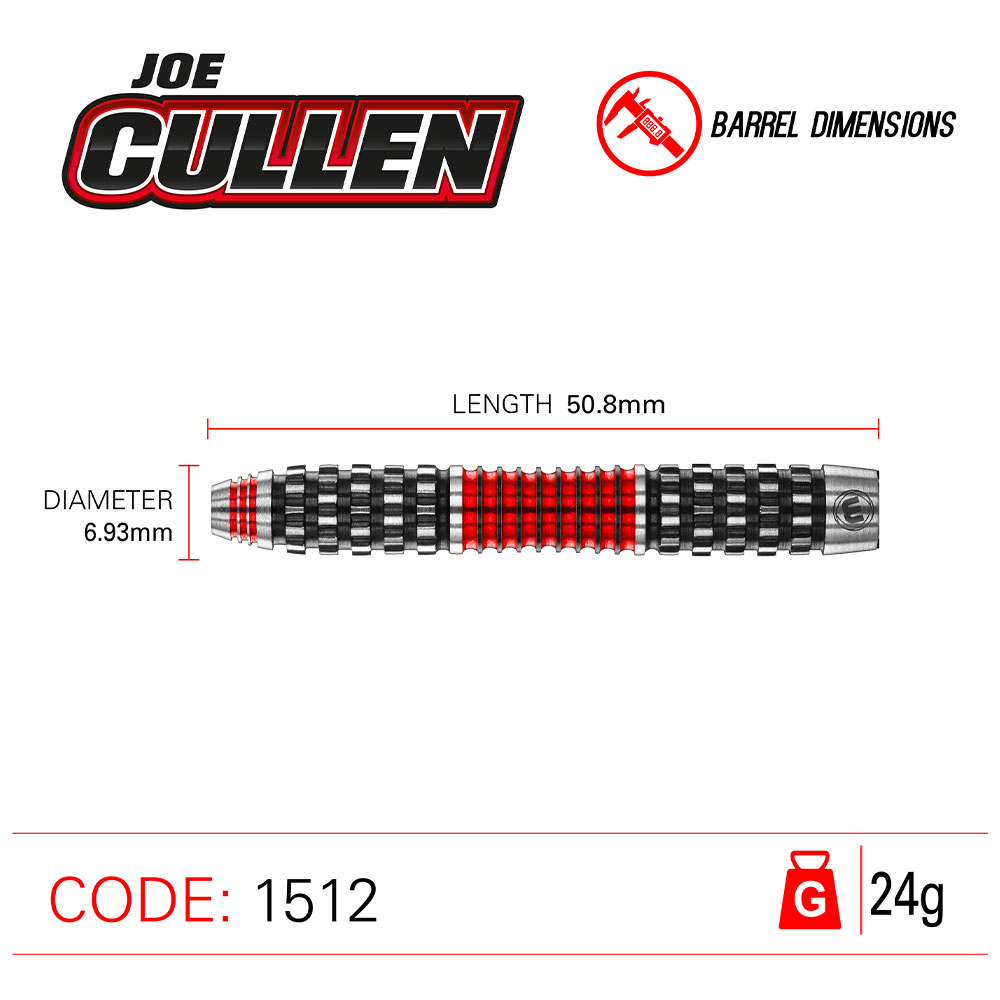 Dartlauf von Joe Cullen mit detaillierten Abmessungen. Der Lauf ist 50,8 mm lang und hat einen Durchmesser von 6,93 mm, mit einer strukturierten Oberfläche in Schwarz und Rot für verbesserten Griff. Das Gesamtgewicht beträgt 24g. Artikelcode: 1512.
