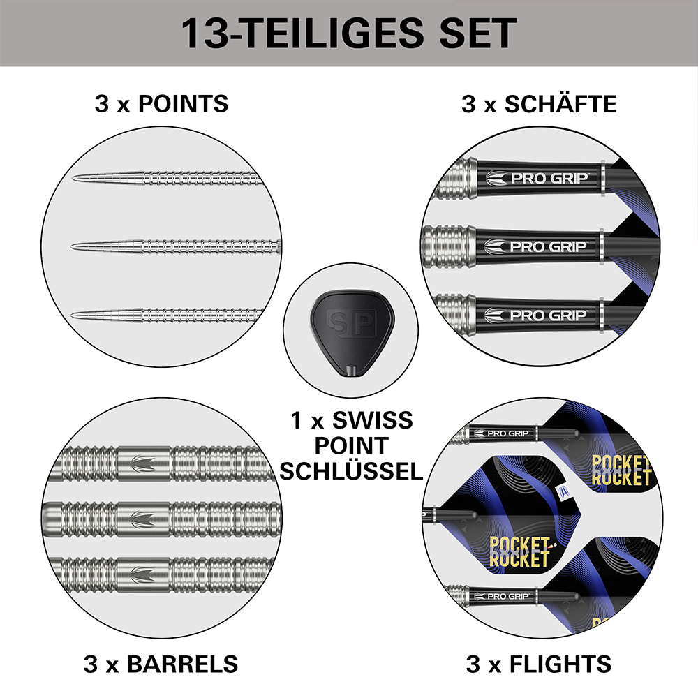 Set de fléchettes en acier de 13 pièces : 3 pointes Swiss Chrono, 3 corps en tungstène à 90 % (Target), 3 tiges Pro Grip noires, 3 ailettes Pocket Rocket (noir/bleu), 1 clé Swiss Point.