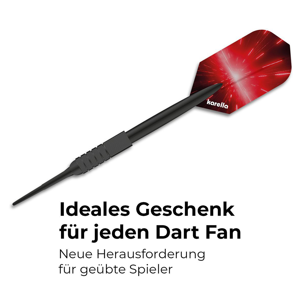 Fléchette Softdart noire unique avec pointe plastique et manche texturé, en diagonale sur fond blanc. Flight rouge à motif d’étoiles, effets lumineux et logo « Karella ». Mini-fléchette moderne et sportive.
