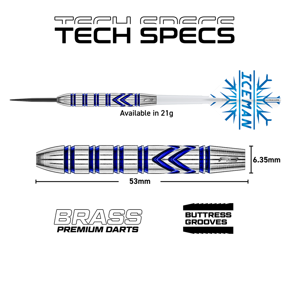 Close-up of a silver steel-tip dart made of brass, 21 g, with blue grooves in the Razor Edge grip pattern on the barrel. Dimensions: 53 mm long, 6.35 mm in diameter. White flight with blue Iceman snowflake logo. Specifications.