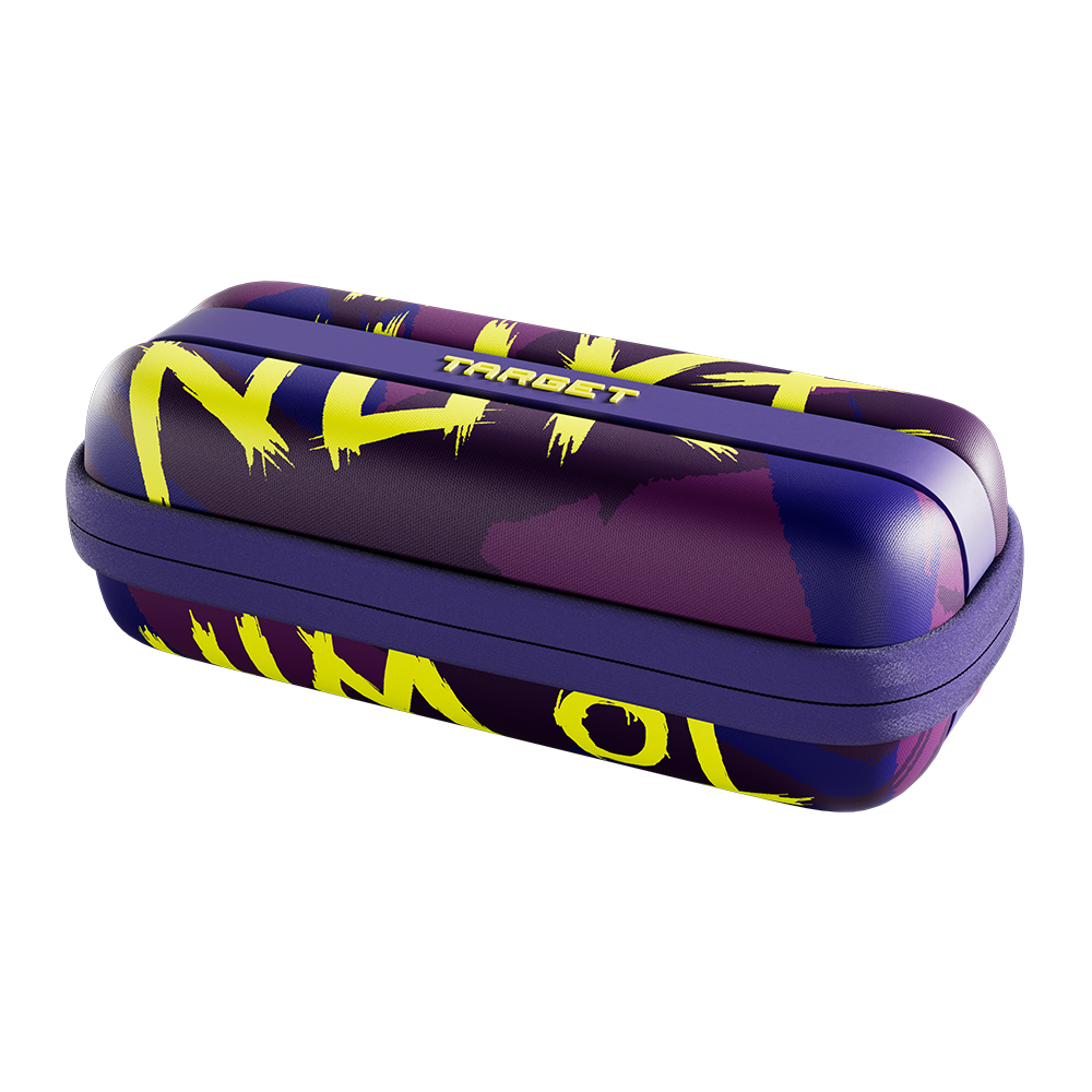 An oblong, closed case in dark purple with bright yellow, bold lettering: ‘Target’ at the top and graffiti-style words on the sides. An abstract, speckled pattern in shades of purple, rounded, with a dividing line down the middle.