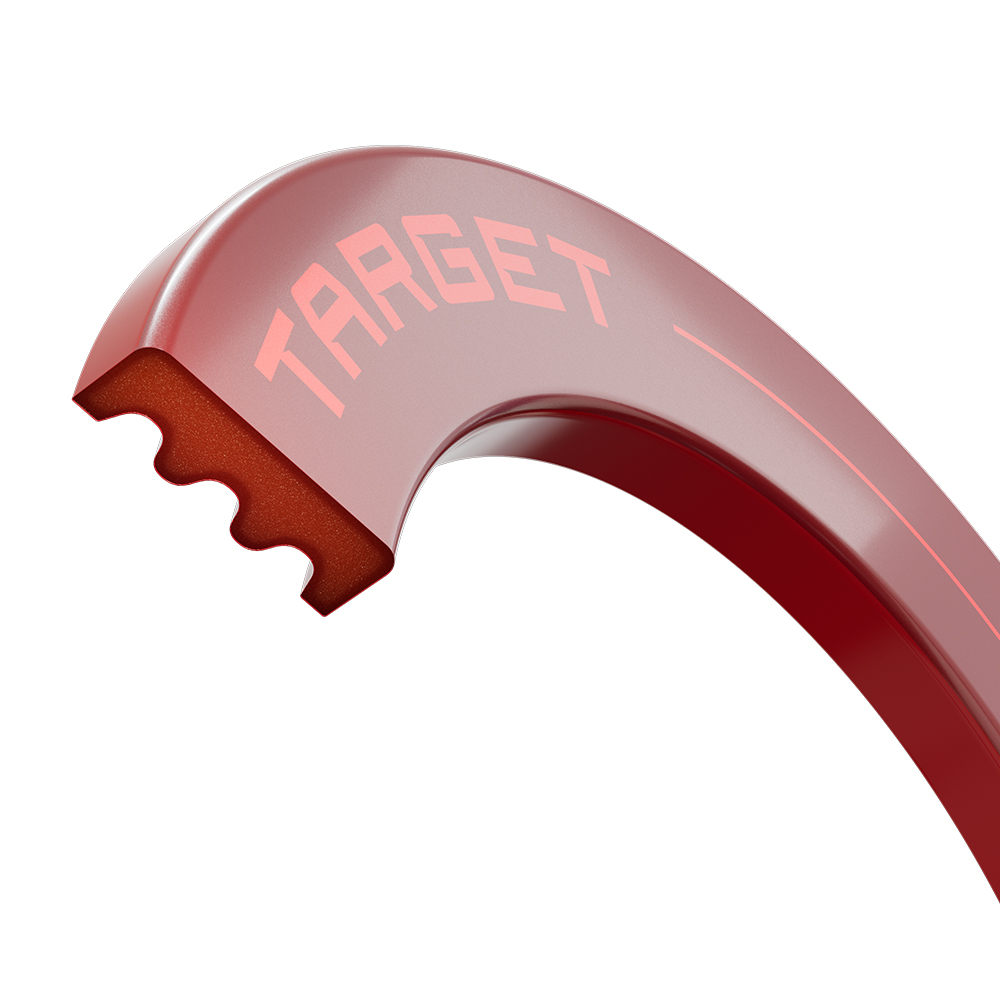 Gros plan sur l'anneau de réception rouge « Target » de la cible TOR. Anneau incurvé en polymère Active Reflex avec logo « Target » rouge clair. Coupe transversale montrant une structure interne ondulée amortissant les chocs.