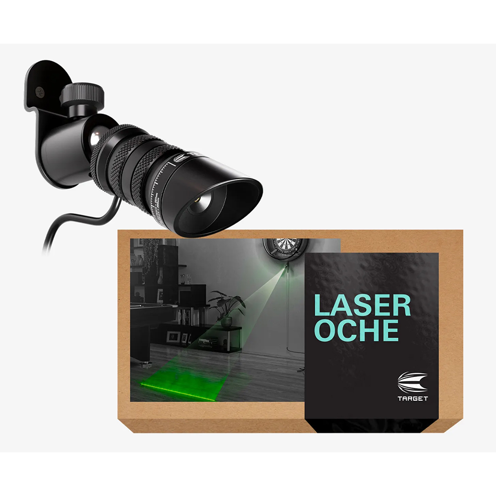 Dispositif laser Oche noir et cylindrique fixé à un support mural. En dessous, un emballage avec un graphisme : une ligne laser verte projetée marque la ligne de tir vers la cible.
