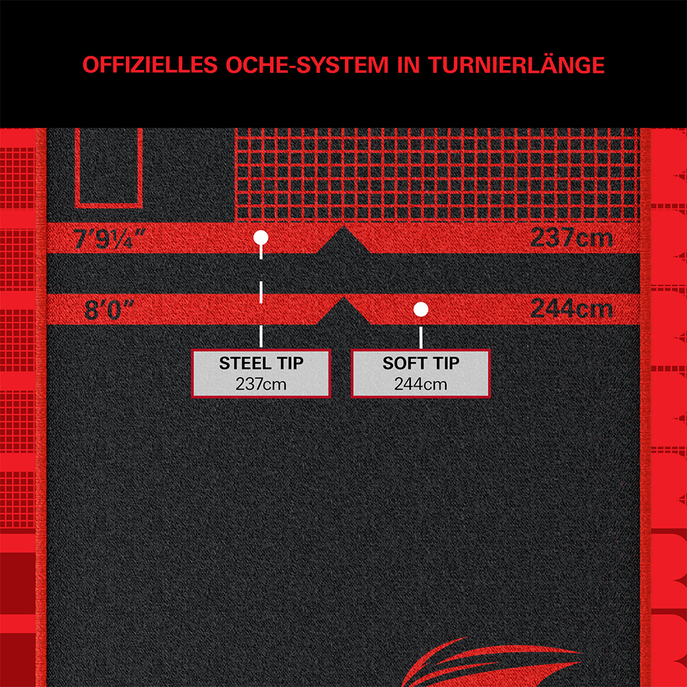 Tapis de fléchettes noir Target TOR, lignes et quadrillages rouges, indique les lignes de lancer officielles. Marquages des distances : 237 cm (7'9¼") acier et 244 cm (8'0") pointe souple. Idéal pour l'oche.