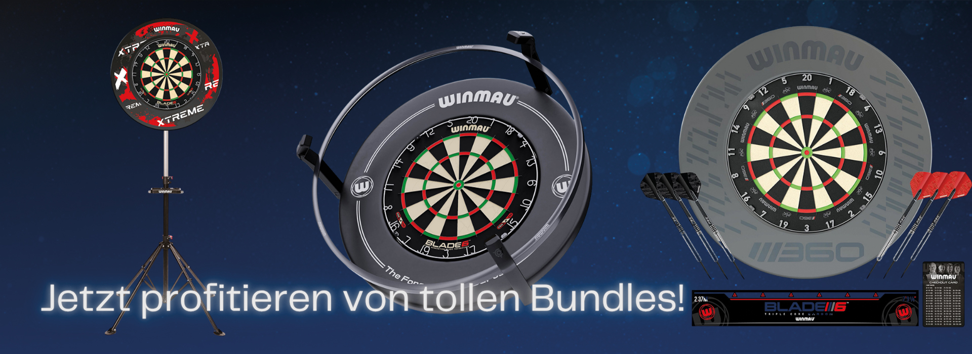 Trois kits de cibles Winmau sur fond bleu foncé : à gauche, une cible sur trépied avec anneau rouge ; au centre, une Blade 6 avec anneau transparent ; à droite, une M360 grise avec 6 fléchettes et carte de checkout. Profitez-en !