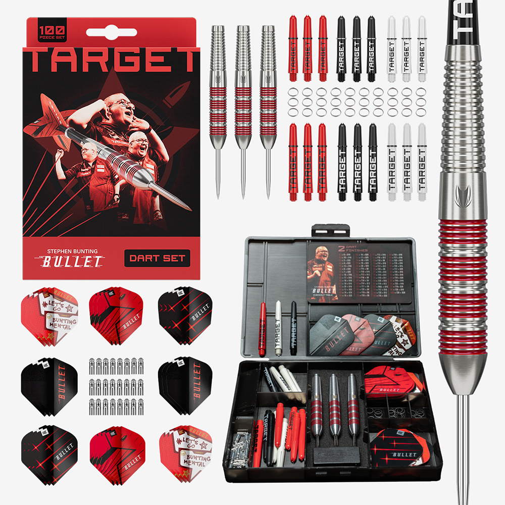 Jeu de fléchettes acier 100 pièces « Target » Stephen Bunting Brass : 3 fléchettes argentées anneaux rouges, fûts rouges/noirs/blancs, ailettes rouges/noires logo «Bullet». Coffret noir ouvert, joints toriques.
