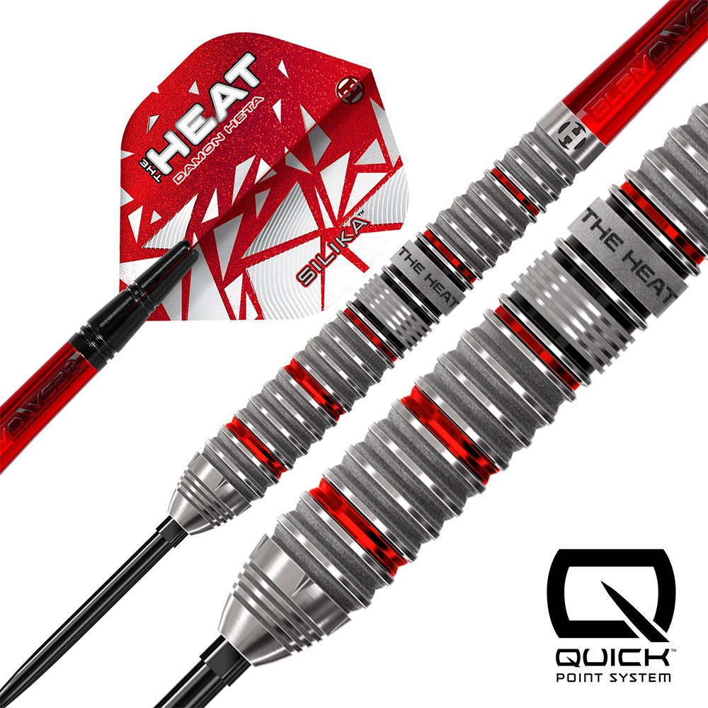 Harrows Damon Heta Series 4 steel darts with a red shaft and flight. Silver-grey barrel with a sandblasted texture and ring cuts, featuring red accent stripes. Red flight featuring the “THE HEAT DAMON HETA” logo and “Quick Point System” at the bottom.