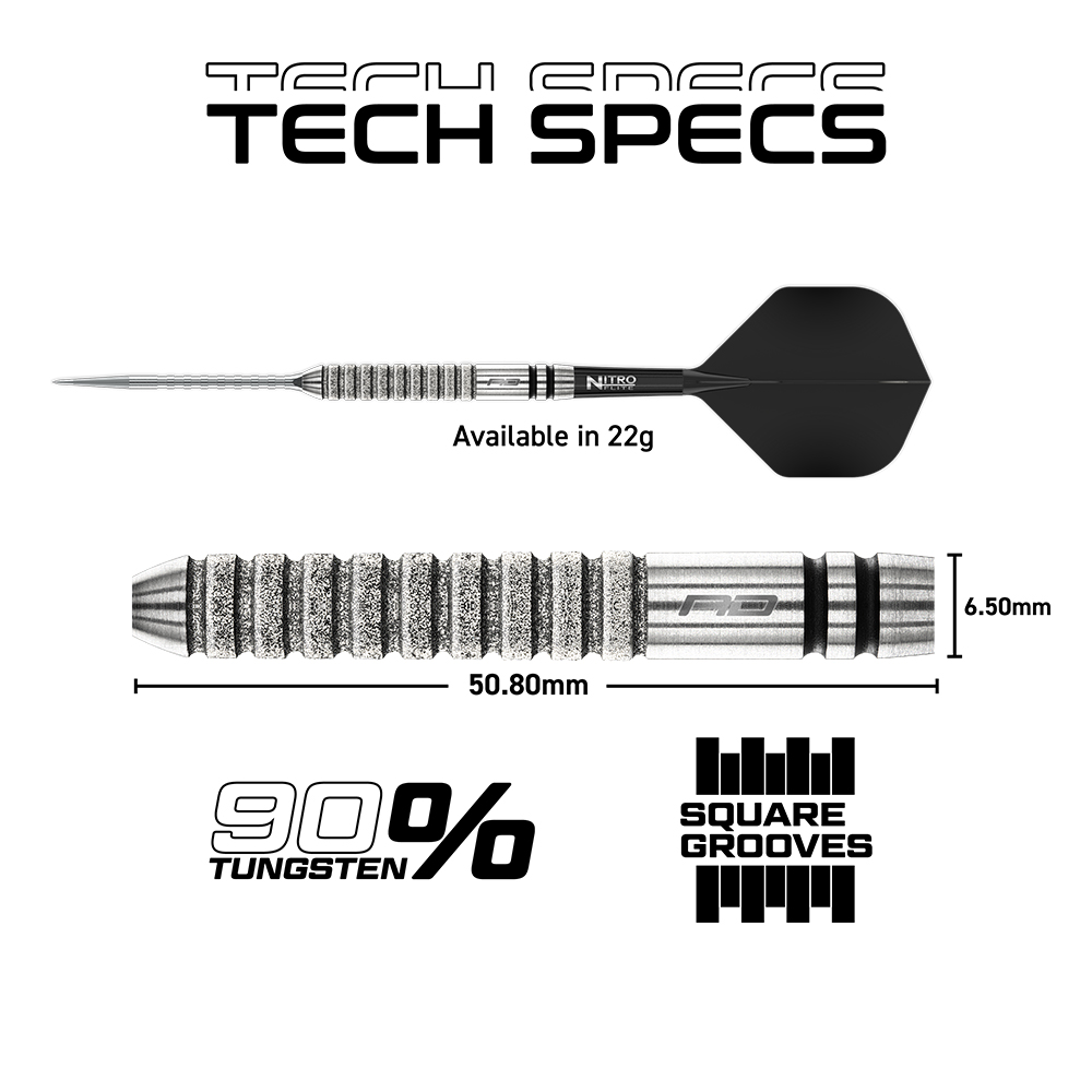 Technische Details eines silbernen Darts mit schwarzem Flight und Schaft. Barrel aus 90% Wolfram, 50.80mm lang, 6.50mm Durchmesser. Detaillierte Textur mit quadratischen Rillen, erhältlich in 22g. Logos Nitro und RD.