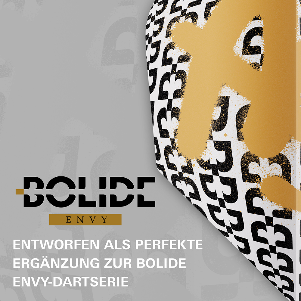 Stylised design: left, light grey background with black ‘BOLIDE’ logo, a gold line and ‘ENVY’ on gold bars. Next is a curved element with black-and-white ‘B’ chequered pattern, overlaid with gold spray-painted shapes.