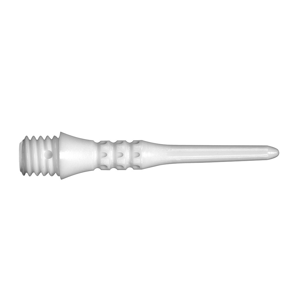 White, pointed soft dart tip shown horizontally on a white background. On the left, it has a screw thread for attachment. The tapered middle section has ring-shaped grooves for a better grip. On the right, it tapers to a point.