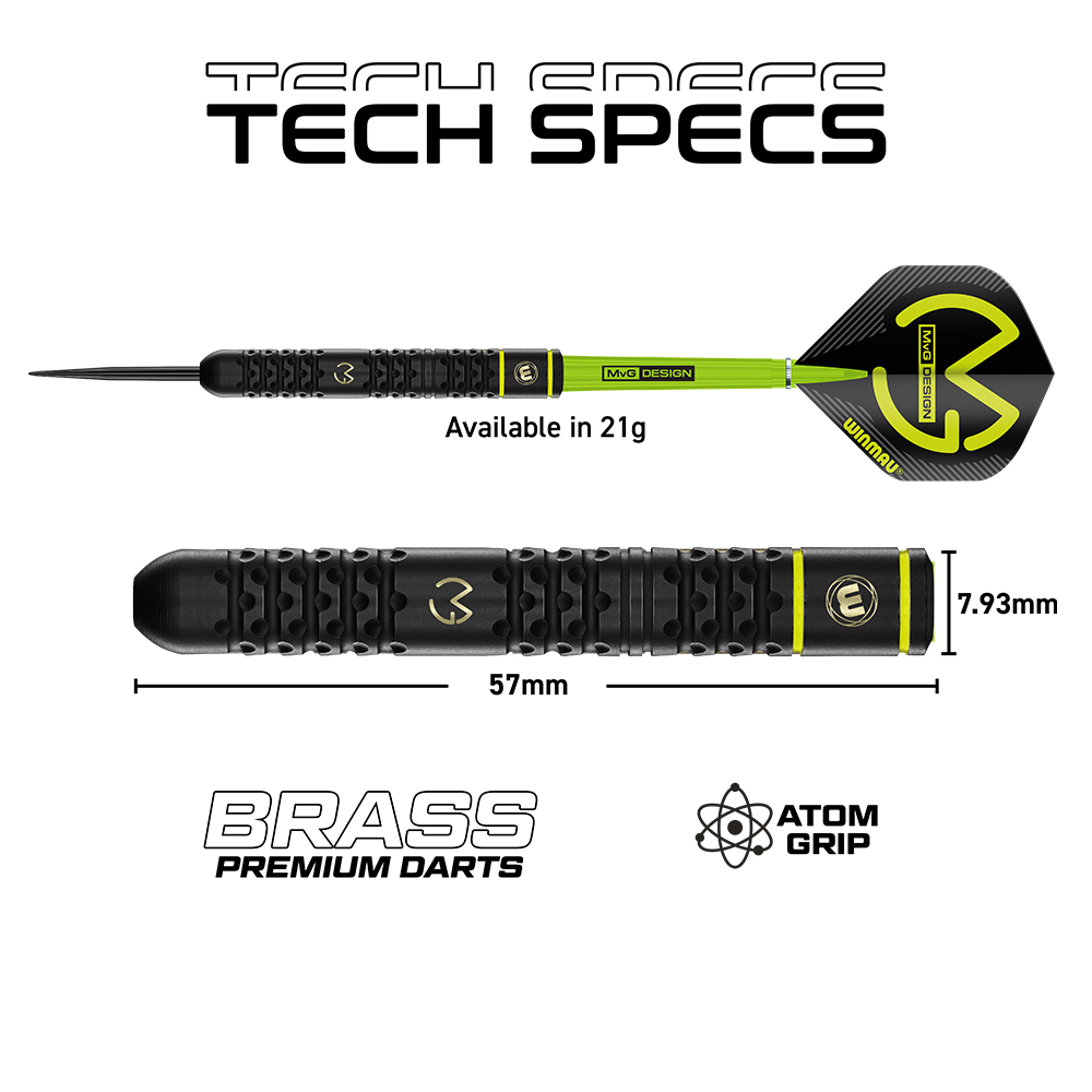 Black steel-tip darts with a non-slip Atom Grip barrel and a bright green shaft, paired with black ‘ Winmau ’ MVG flights featuring yellow accents. Brass barrel: 57 mm long, 7.93 mm in diameter. Available in 21 g, Brass Premium Darts.