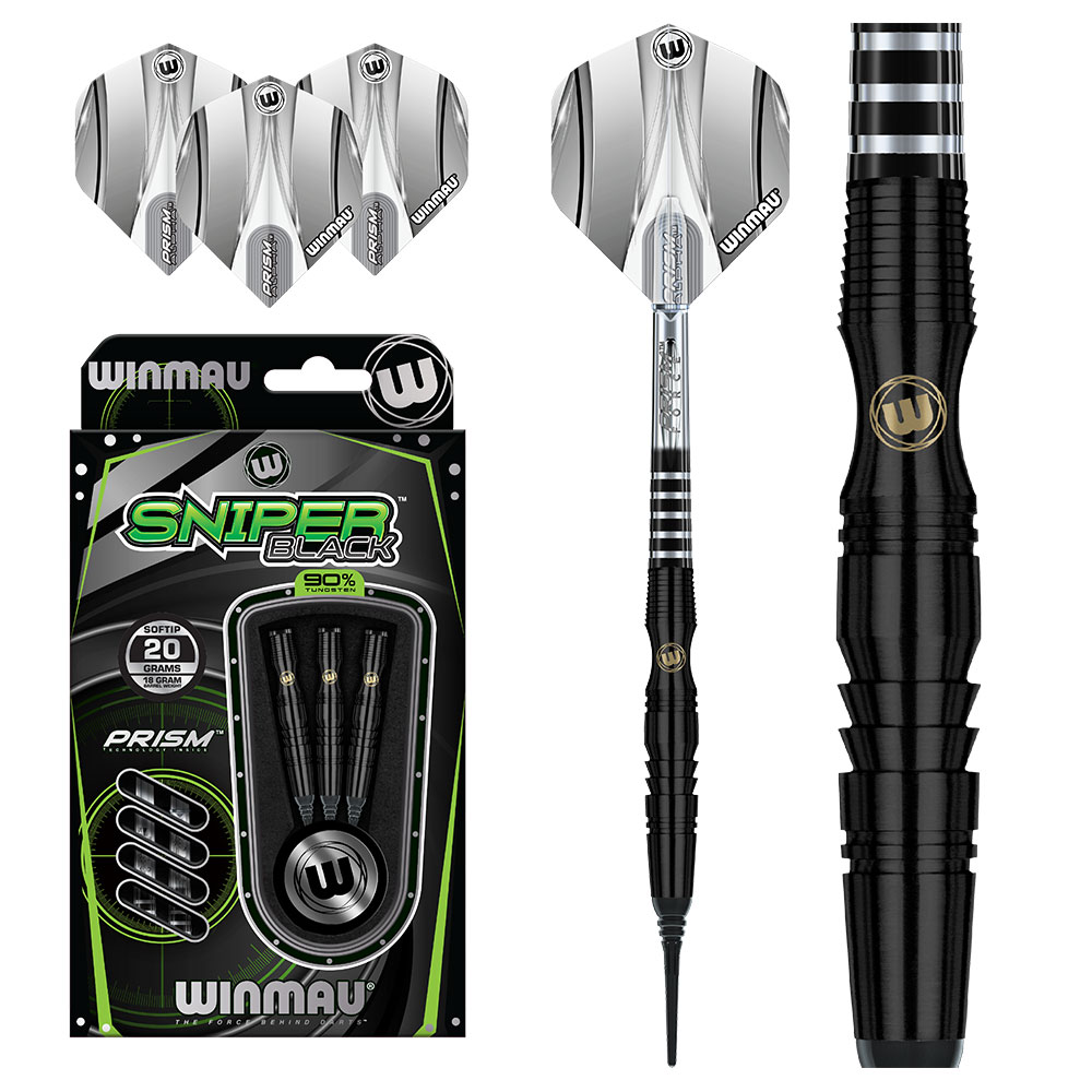 Winmau Sniper Black Softdart-Set 20g. Links schwarze Verpackung mit grünen Details, drei Softdarts und Gewicht. Rechts montierter Dart mit schwarzem Barrel, silbernem Schaft, weißem Prism Flight und schwarzer Softtip-Spitze.