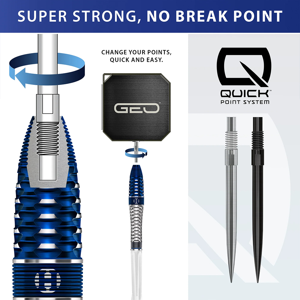 Graphic illustration of the Harrows GEO Quick Point System for steel darts: The tip of a blue, threaded dart barrel is easily screwed on and off. Silver and black threaded tips allow for quick changes without tools.