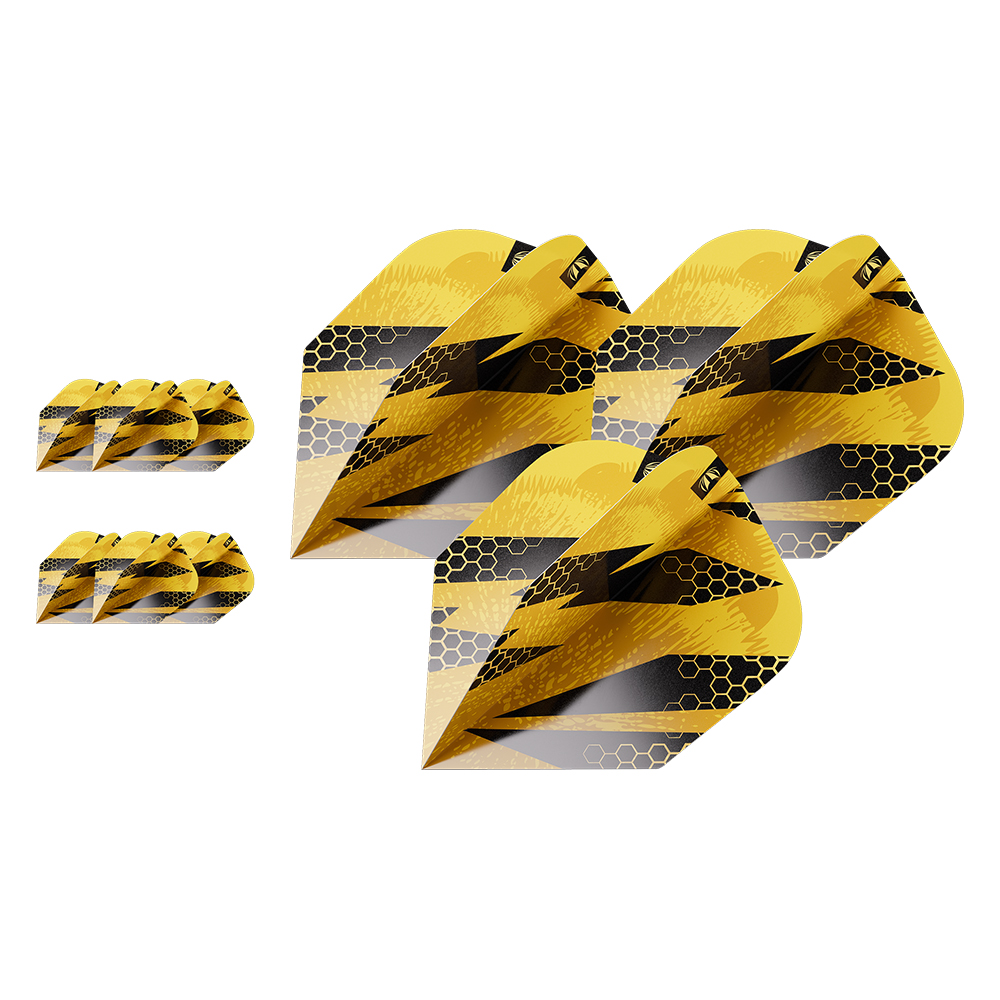 9 plumes de fléchettes noires et jaunes BUZZ Pro Ultra n° 6. Trois en éventail avec motif abeille (rayures et nid d'abeille). À gauche, deux piles de 3 petites plumes. Robustes, pour une bonne stabilité en vol.